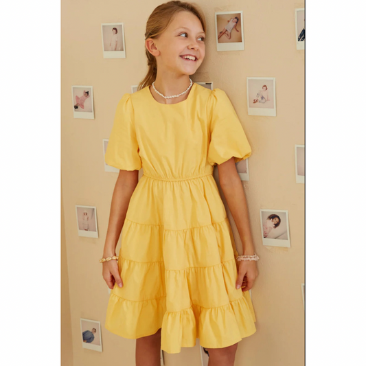 Girls Bow Back Puff Sleeve Poplin Dress Yellow