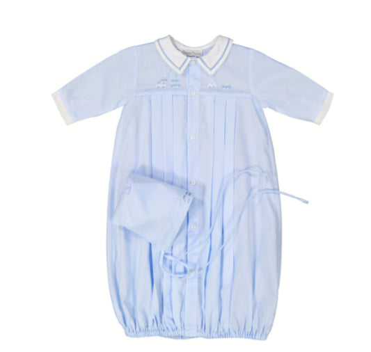 Train Pleated Take Me Home Gown With Bonnet Blue