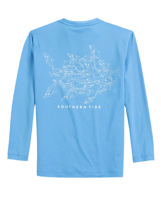 Youth Long Sleeve UH OH Sharks Perf Tee Boat Blue