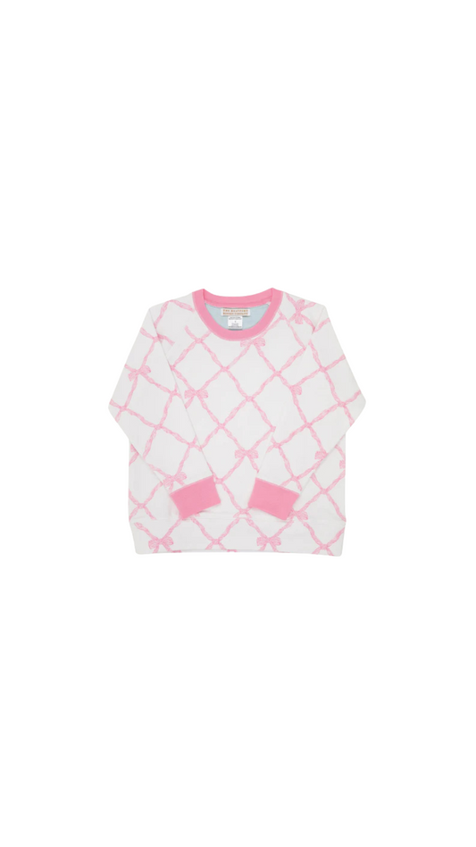Cassidy Comfy Crewneck - Girls French Terry Belle Meade Bow/Hamptons Hot Pink