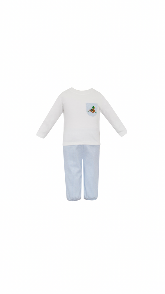 Mallard Duck Blue Check Knit Pant Set w/ White Top Long Sleeve