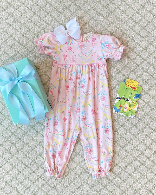 Short Sleeve Brit Romper - Pima Golden Birthday/Pier Party Pink