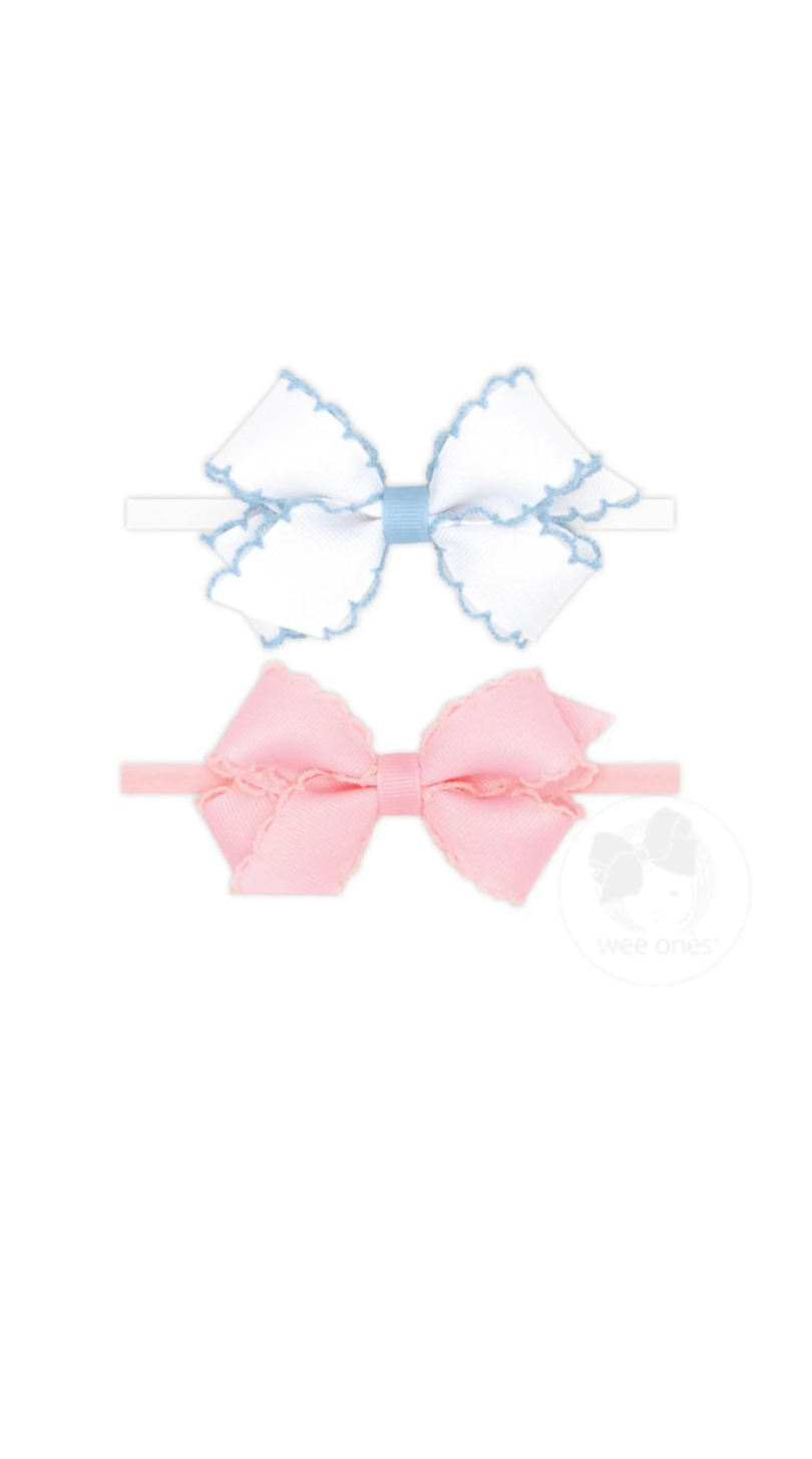 Two Mini Grosgrain Bows with Moonstitch Edge on Skinny Nylon Band Light Pink/Light Pink & White/Millenium Blue