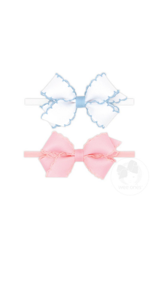 Two Mini Grosgrain Bows with Moonstitch Edge on Skinny Nylon Band Light Pink/Light Pink & White/Millenium Blue