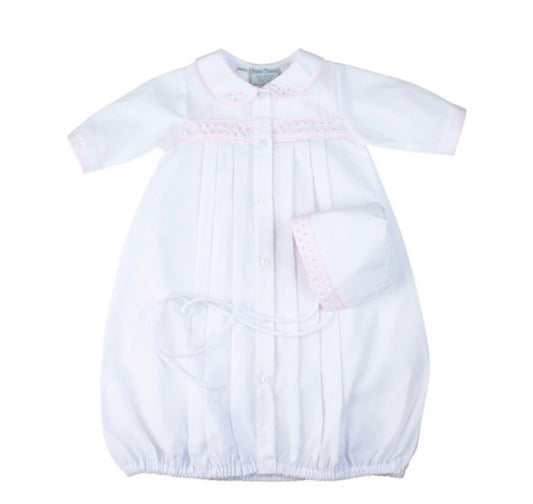 Girls Dot Embroidered Take Me Home Gown With Bonnet White/Pink