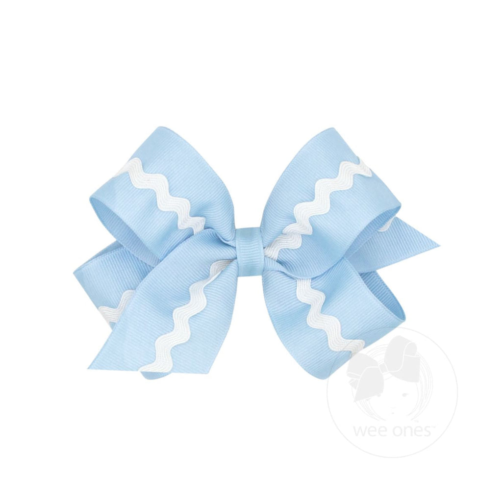 Medium Grosgrain Hair Bow with Ric-Rac Millennium Blue w/ White