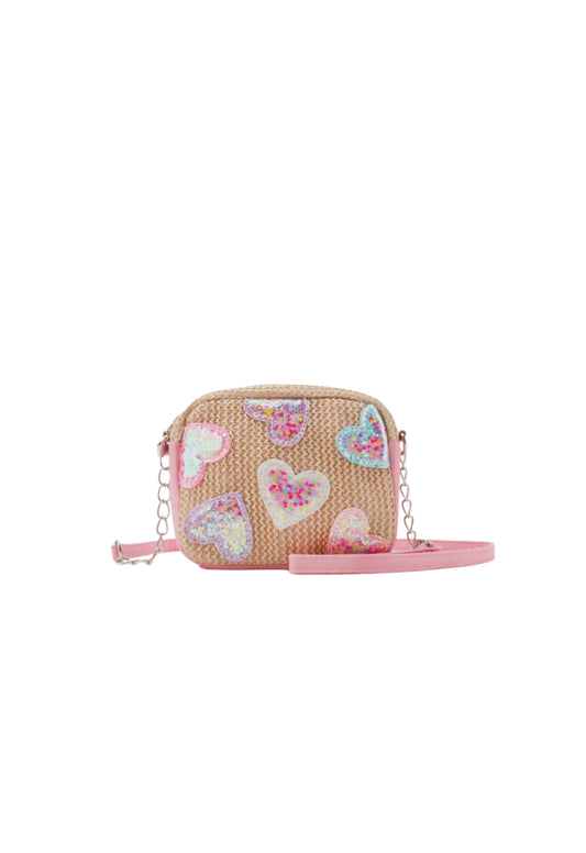 Confetti Heart Patched Straw Crossbody Bag