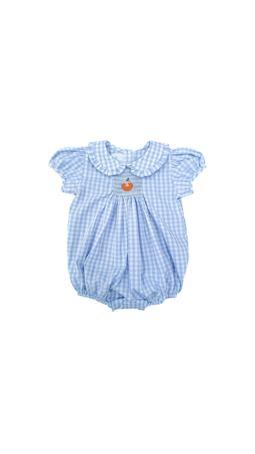 Margaret Blue Gingham Bubble, Smocked Pumpkins