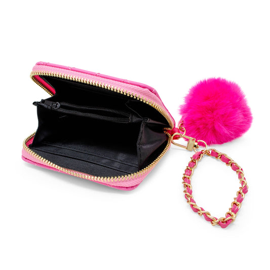 Quilted Chain Strap Wallet with Pom-Pom Pink