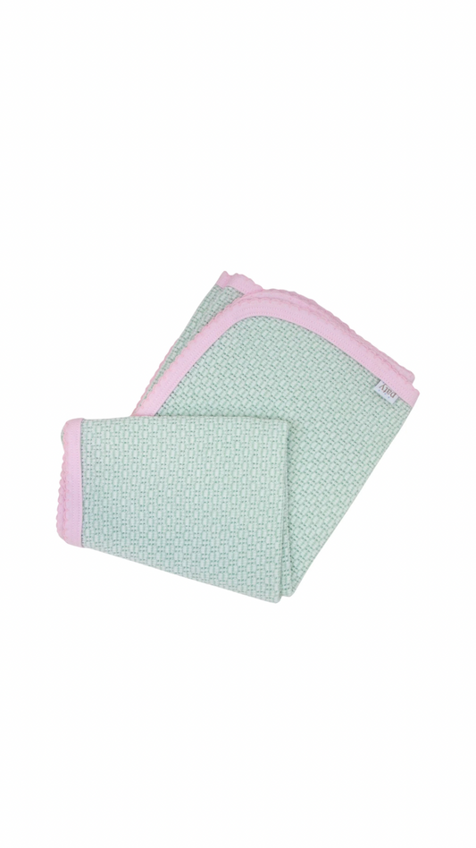 Paty Knit Blanket, Pima Binding Mint w/ Pink Trim