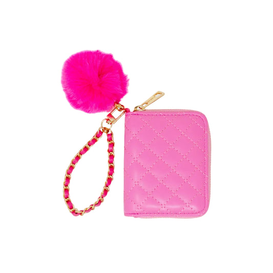 Quilted Chain Strap Wallet with Pom-Pom Pink