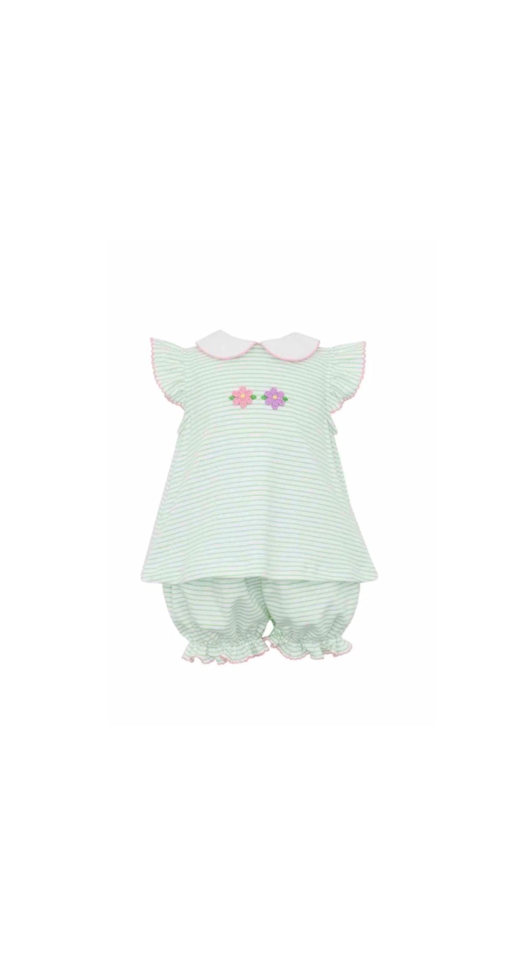 Flowers Green Knit Stripe Girls Bloomer Set Short Sleeve