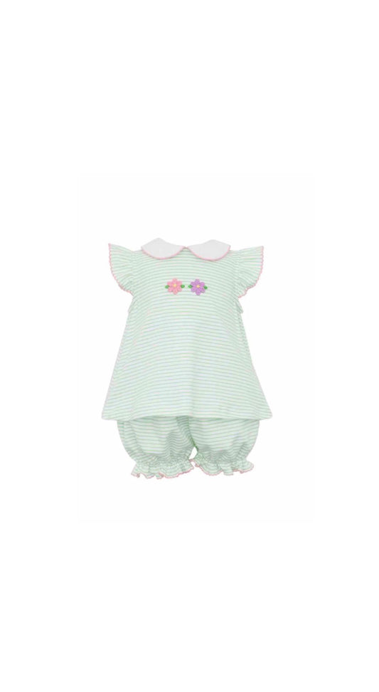 Flowers Green Knit Stripe Girls Bloomer Set Short Sleeve