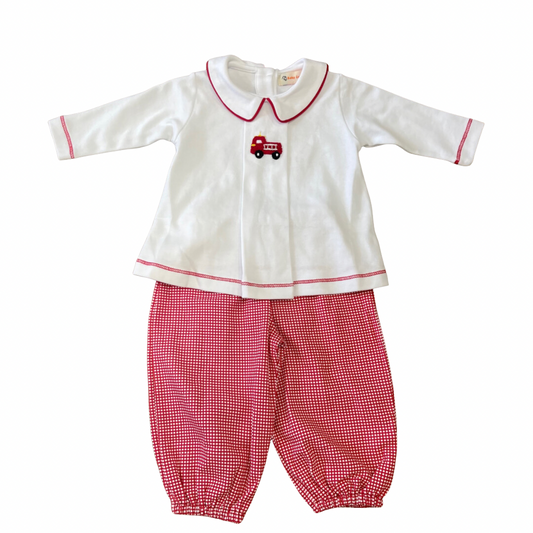 Boys Long Sleeve Fire Truck Top and Red/White Bloomer Gingham
