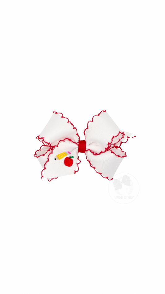 King "Apple & Pencil" Back To School Emb Moonstitch Bow White/Red