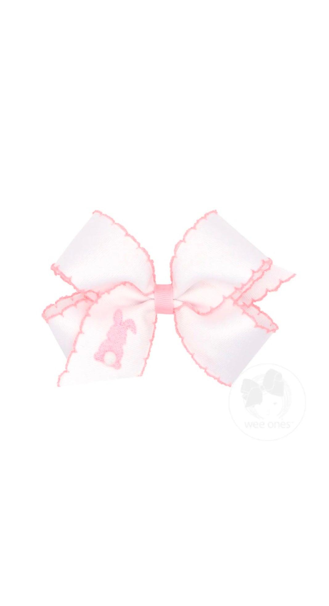 Medium Grosgrain Bows with Moonstitch Edge and Puff Tail Bunny Embroidery White/Light Pink