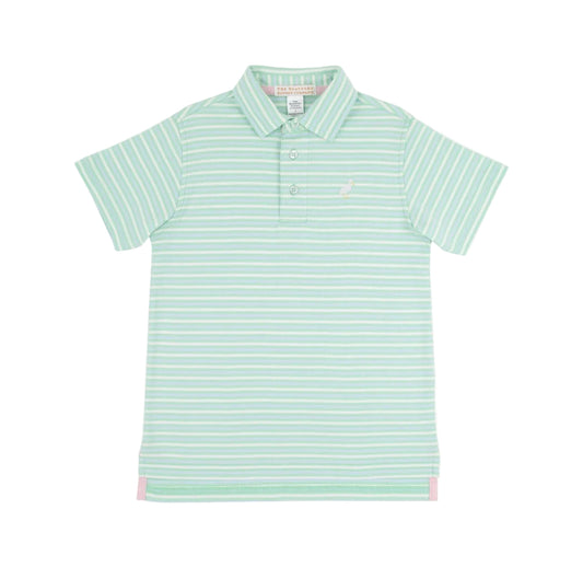 Prim and Proper Polo Short Sleeve Pima Sumner County Stripe Grace Bay Green