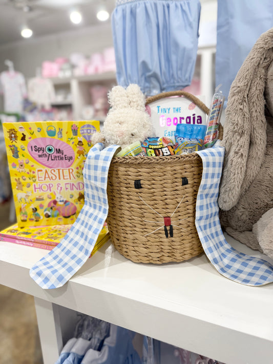 Gingham Kids Easter Basket - Easter Bunny Ears Blue Gingham