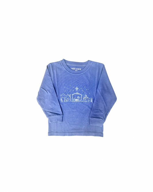 Long Sleeve Navy Nativity with Light Blue Ink T-Shirt