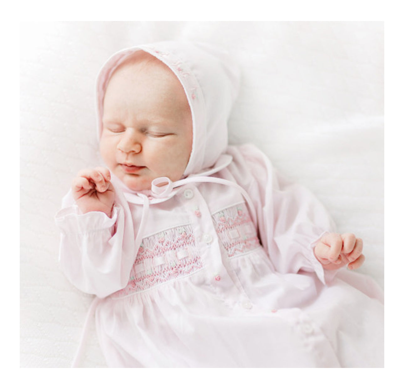 Ribbon Smocked Take Me Home Gown With Bonnet Pink