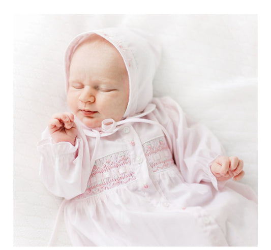 Ribbon Smocked Take Me Home Gown With Bonnet Pink