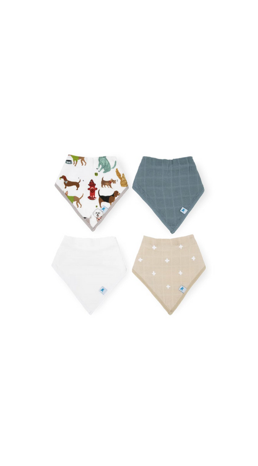 Cotton Muslin + Fleece Bandana Bib 4 Pack - Woof
