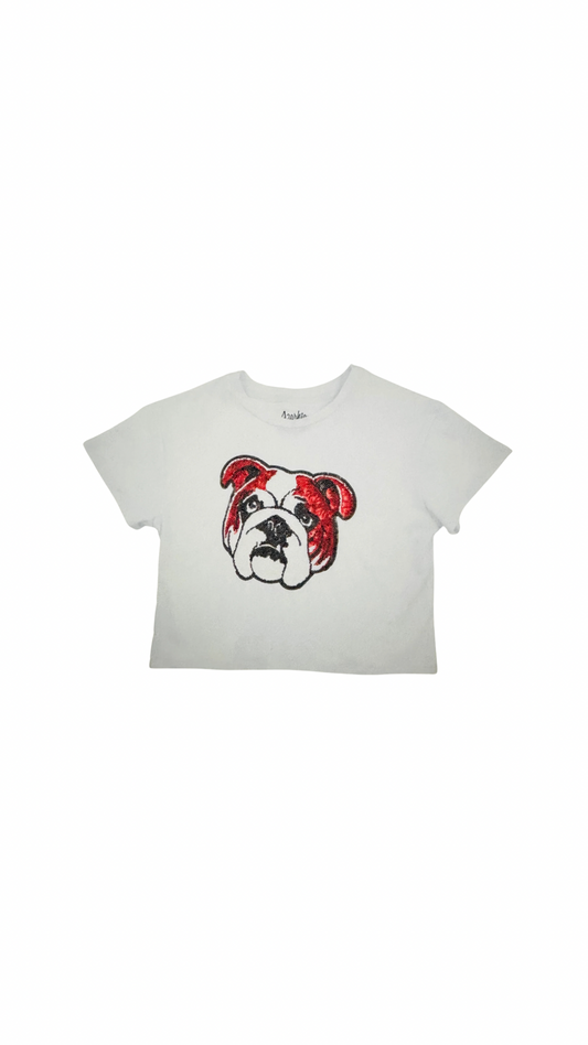 Game Day Sequin Bulldog in Red on Boxy Tee in White