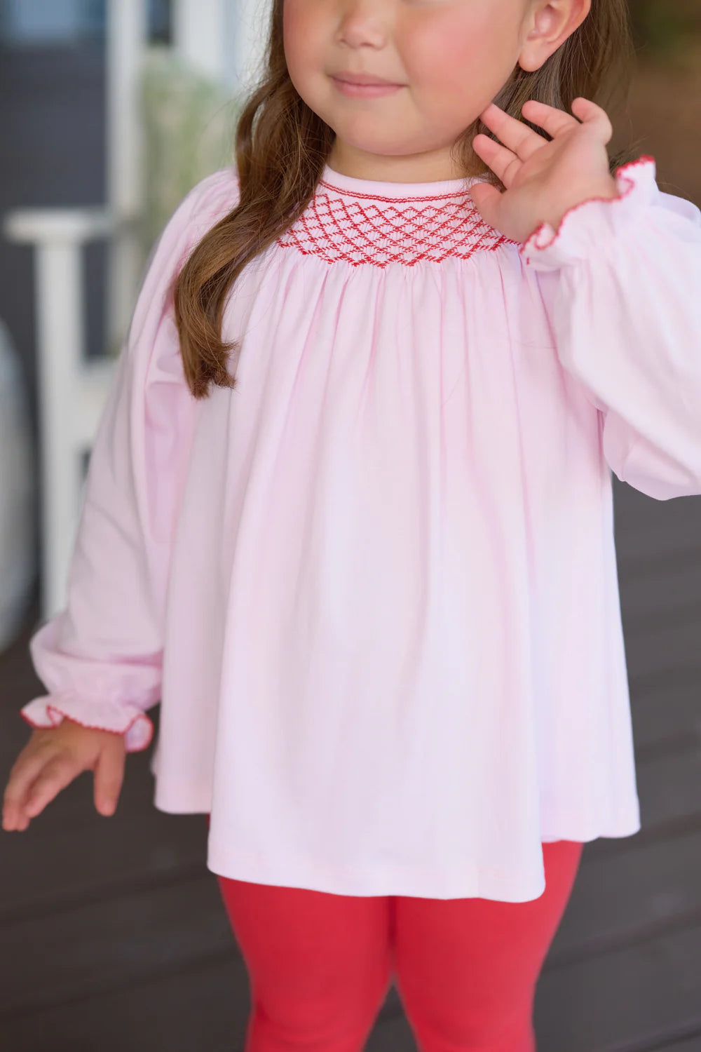 Bettye Sue Smocked Top Palm Beach Pink with Richmond Red Smocking