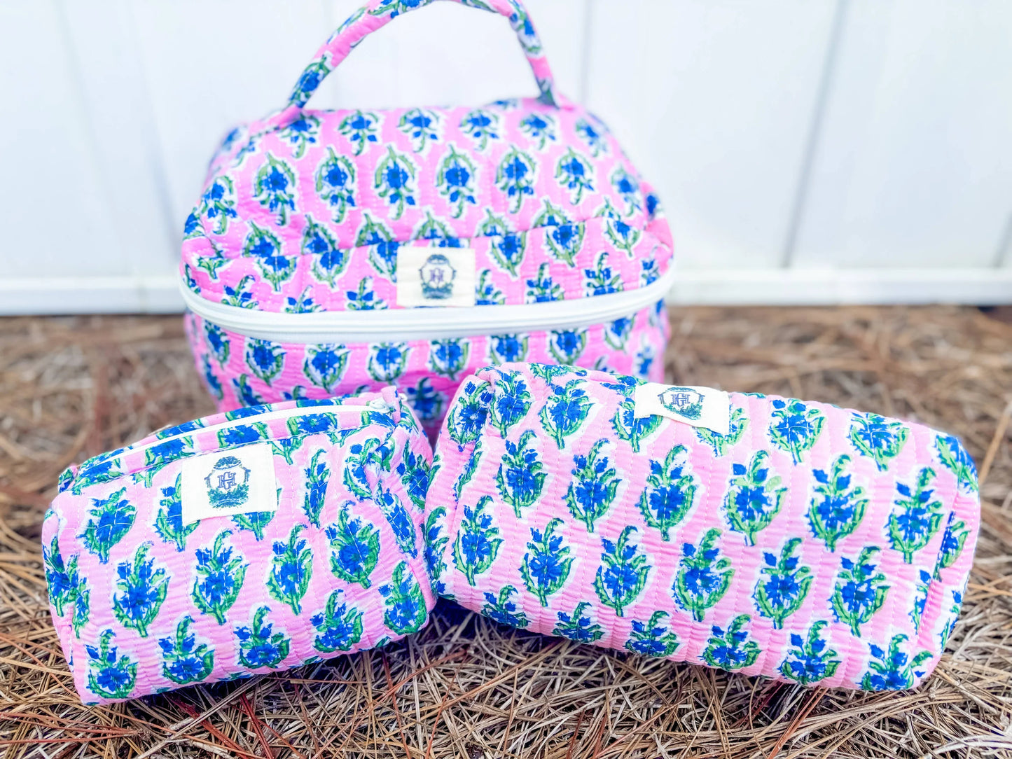 Blue Blossom Quilted Cosmetic Bags- 3 pc set