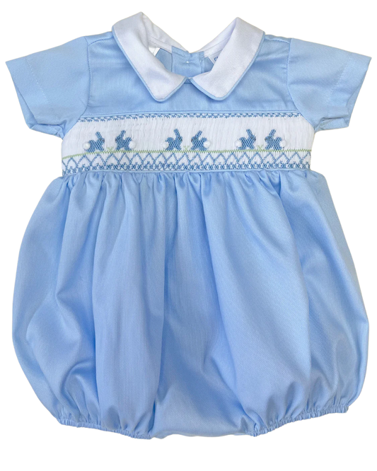 Noah Bunny Smocked Bubble- Blue