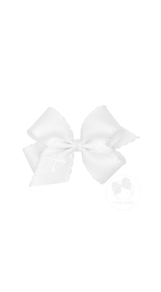 Medium White Grosgrain Hair Bow with Moonstitch Edge and Cross Embroidery on Tail White/White