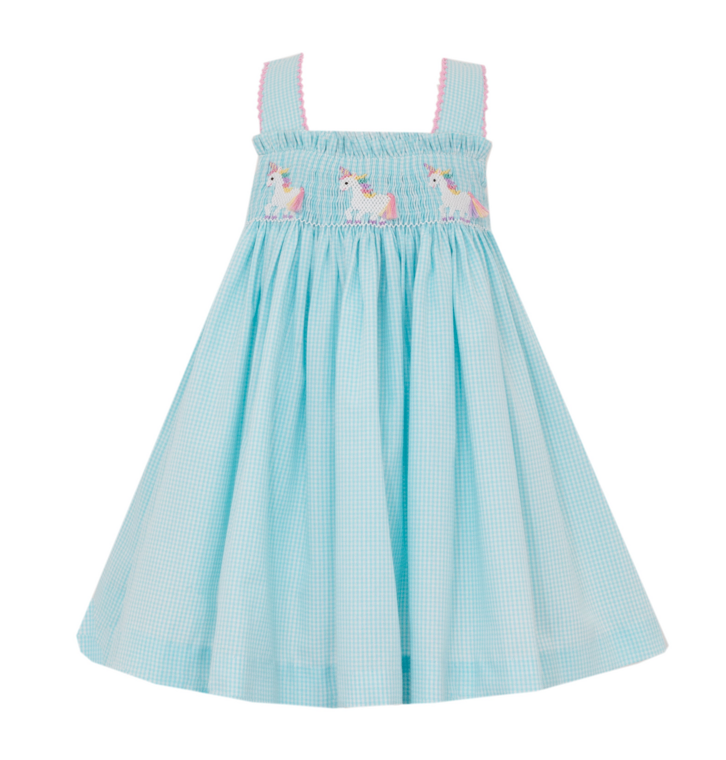 Unicorn Aqua Gingham Strap Sundress Short Sleeve