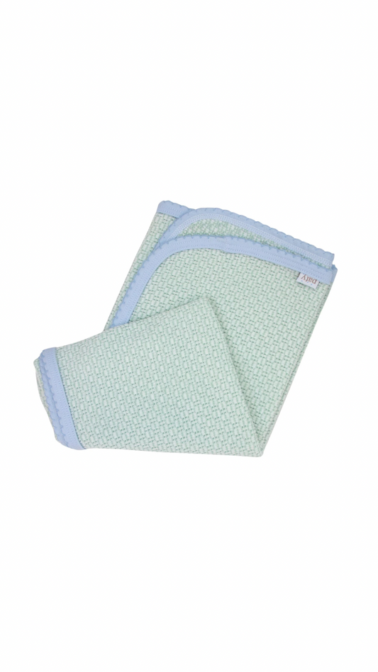 Paty Knit Blanket, Pima Binding Mint w/ Blue Trim