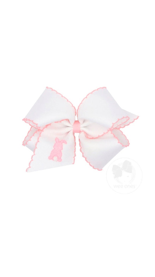 King Grosgrain Bows with Moonstitch Edge and Puff Tail Bunny Embroidery White/Light Pink