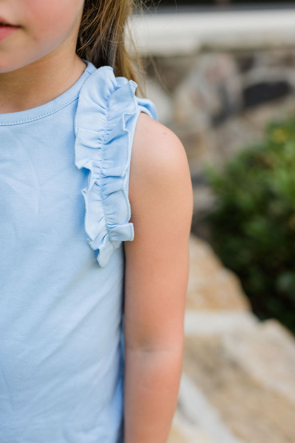 Ruffle Sleevless Top Light Blue , Blossoms and Blooms