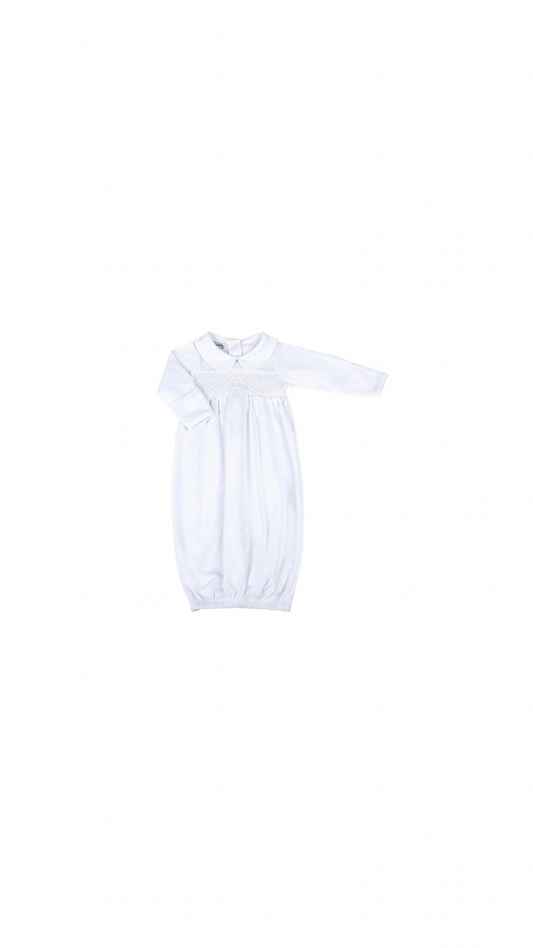 Blessed White w/ White Smocked Collared L/S Gathered Gown