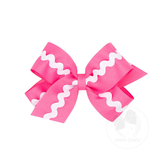 King Grosgrain Hair Bow with Ric-Rac Hot Pink w/ White