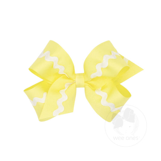 King Grosgrain Hair Bow with Ric-Rac Light Yellow w/ White