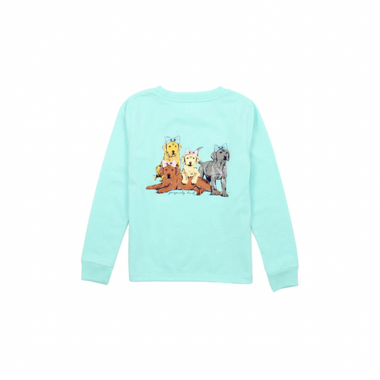 Girls Puppy Pile Long Sleeve Seafoam Tee