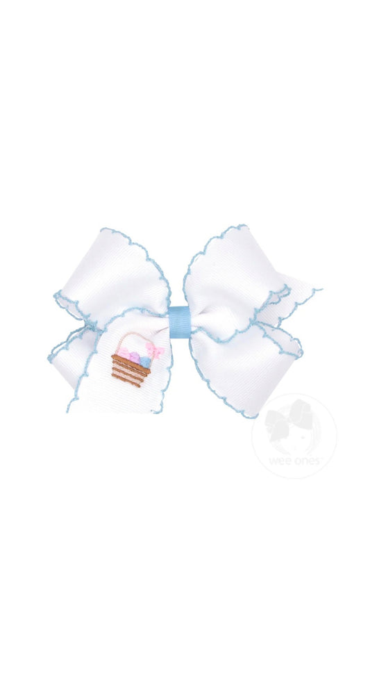 Medium Grosgrain Bows with Moonstitch Edge and Easter Basket Embroidery White/Millennium