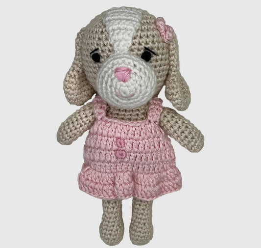 Dog Bamboo Crochet Rattle - Pink 5"