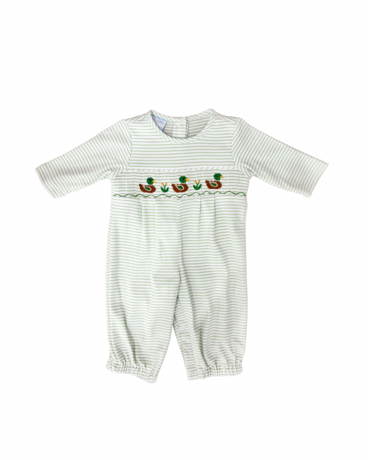 Mallard Duck Boys Knit Green Stripe Long Romper