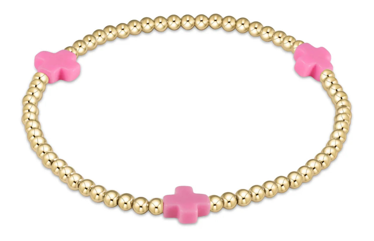 egirl Signature Cross Gold Pattern 3mm Bead Bracelet - Bright Pink