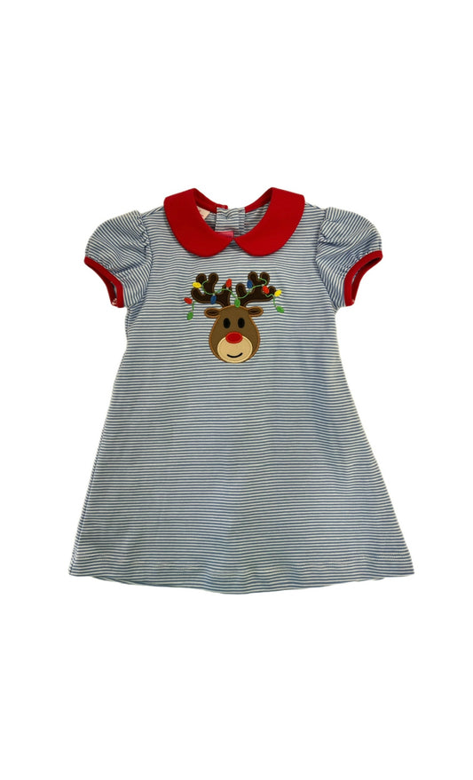 Blue Stripe Knit - Girl's Dress w/ Red Collar S/S Reindeer with Lights