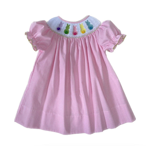 Pink Gingham Smocked Bunny Tail Dress
