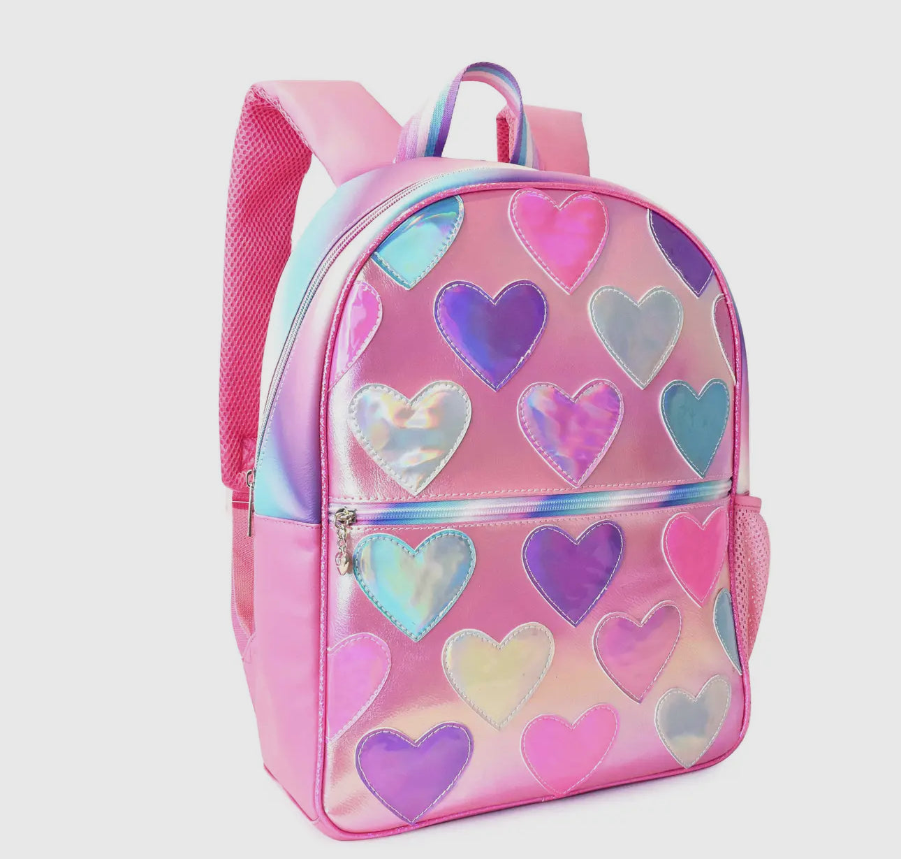 Metallic Heart-Patched Large Backpack with Pencil Pouch