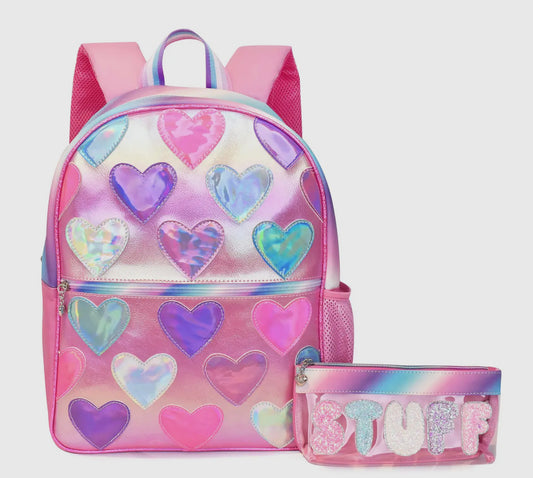 Metallic Heart-Patched Large Backpack with Pencil Pouch