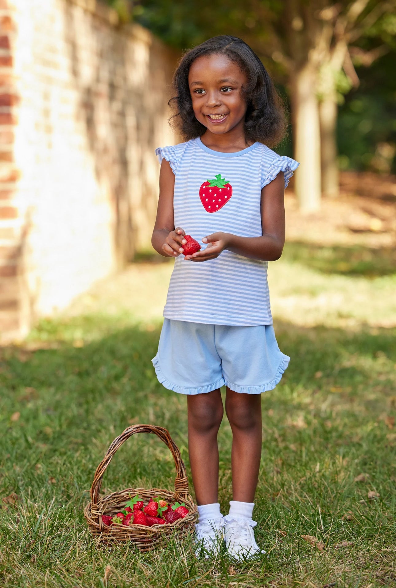 Applique Tilly Tank Strawberry and Tulip Knit Short Light Blue
