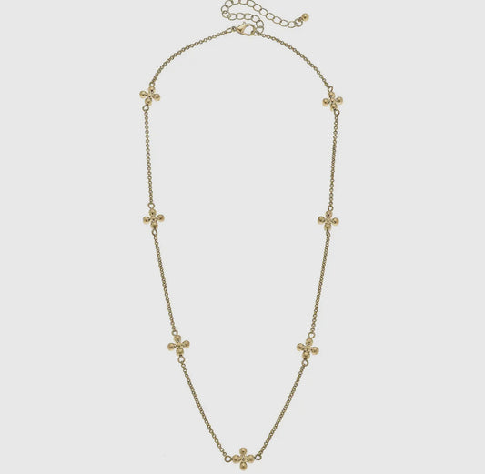 Wren Delicate Cross Station Necklace in Worn Gold