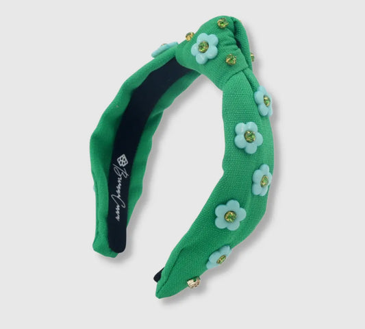 Child Size Green Twill Headband with Blue Flowers